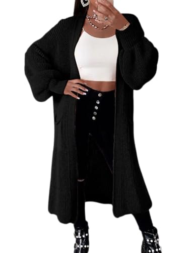seiveini Cardigan Damen Lang Strickjacke Grobstrick Elegant Casual Strickmantel Langarm Lose Sweater Open Front Strickcardigan Mantel Outwear Einfarbig B Schwarz XL von seiveini
