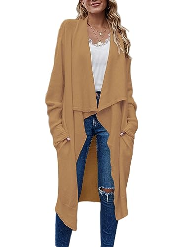 seiveini Cardigan Damen Lang Strickmantel Strickjacke Elegant Offen Front Langarm Stricken Mantel Jacke Casual Winterjacke Mode Pulllover Damen Herbst Winter Sweater Outwear A Khaki L von seiveini