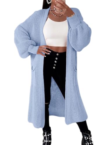 seiveini Cardigan Damen Strickjacke Grobstrick Lang Elegant Casual Strickmantel Langarm Lose Sweater Open Front Strickcardigan Mantel Outwear Einfarbig B Hellblau 3XL von seiveini