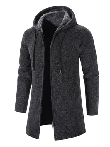 seiveini Cardigan Herren Lang mit Kapuze und Reißverschluss Strickjacke für Herren Gefüttert mit Plüsch Winter Warm Fleece Gestricktjacke Zip Up Winterjacke Outdoorjacke Sweatjacke A Dunkelgrau L von seiveini