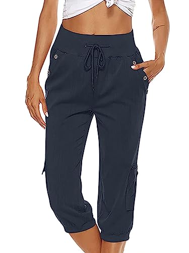 seiveini Cargohose Damen Slim Fit Stretch Wandernhose mit Taschen Cargo Caprihose Jogger Outdoor Sporthose Damen 3/4 Hose Leichte mit Kordelzug Elastischer Bund A Marine L von seiveini