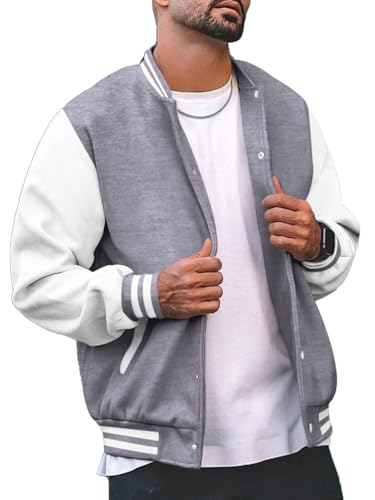 seiveini College Jacke Herren Varsity Jacket Oldschool Sportjacke Klassisch Patchwork Collegiate Baseballjacke Stehkragen Sweatjacke mit Knöpfe und Taschen Freizeitjacke Unisex Streetwear A Grau L von seiveini