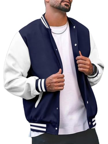 seiveini College Jacke Herren Varsity Jacket Oldschool Sportjacke Klassisch Patchwork Collegiate Baseballjacke Stehkragen Sweatjacke mit Knöpfe und Taschen Freizeitjacke Unisex Streetwear A Marine 3XL von seiveini