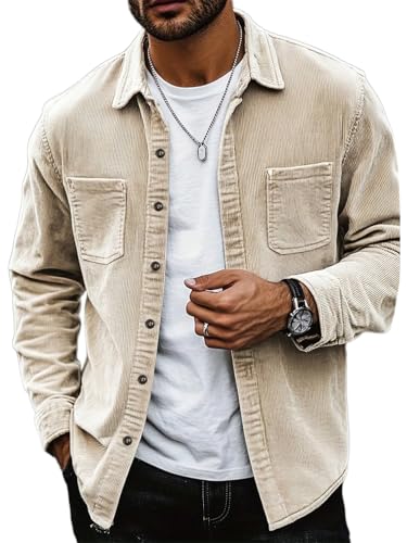 seiveini Cordhemd Herren Langarm Button Down Corduroy Freizeithemd Hemdjacke mit Brusttaschen A Aprikose XXL von seiveini