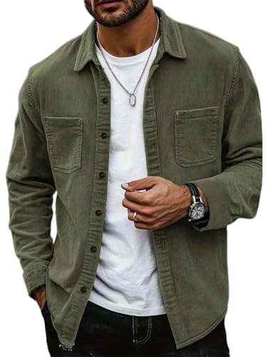 seiveini Cordhemd Herren Langarm Button Down Corduroy Freizeithemd Hemdjacke mit Brusttaschen A Armeegrün XL von seiveini
