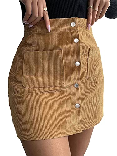 seiveini Rock Damen Winter Kurzer Cordrock mit Knopfdekor Minirock Elegant Wickelrock Lässig Einfarbig B Gelb S von seiveini