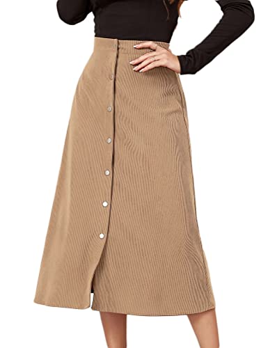 seiveini Cordrock Damen Lang Winter Rock A-Line Freizeitrock Wickelrock Bleistiftrock mit Knopf Arbeitsrock Lässig High Waist Winterrock Einfarbig Vintage A Khaki XL von seiveini