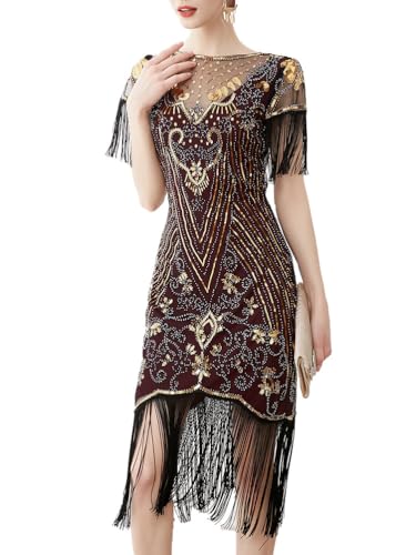 seiveini Damen 1920er Jahre Kleid Pailletten Fransen Kleid Flapper Charleston Kleider Cocktailkleid Partykleid 20er Jahre Kostüm Ballkleid mit Fransen Elegant Vintage A Weinrot XL von seiveini