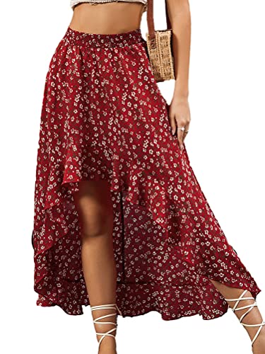 seiveini Damen Blumen Rock Sommer A-Linie Elegant Boho mit Rüschen Irregulär Saum Tiered Flowy Midi Rock Hohe Taille Strandrock mit Riemen Partyrock C Rot S von seiveini