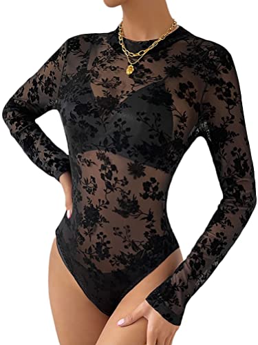 seiveini Damen Body Langarm Spitze Sexy Mesh Bodysuit Oberteil Top String Bluse Tops Langarmshirt Thong Langarmbody Jumpsuit mit Spitzen Bustier Unterziehbody Chic Mode F Schwarz S von seiveini