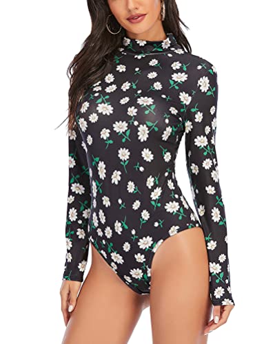 seiveini Damen Body mit Langarm Elegant Bodys Sexy Jumpsuit Tops Bodysuit Thong Langarmbody Basic Unterhemd Rollkragen Party Oberteil Bustier Casual Chic A Blumen S von seiveini