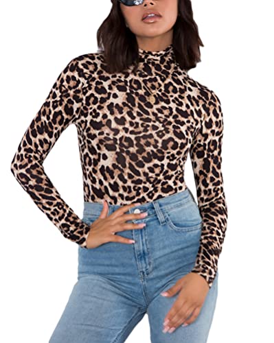 seiveini Damen Body mit Langarm Elegant Bodys Sexy Jumpsuit Tops Bodysuit Thong Langarmbody Basic Unterhemd Rollkragen Party Oberteil Bustier Casual Chic B Leopard M von seiveini