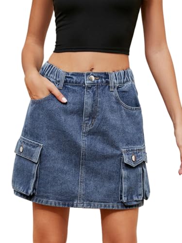 seiveini Damen Cargo Rock Kurz mit Taschen Knopf Minirock Sexy Einfarbig Sommer Rock Lässig Chic Figurbetontes Mini Rock Hohe Taille Jeansrock mit Multi-Taschen Washed Denim Rock A Blau M von seiveini