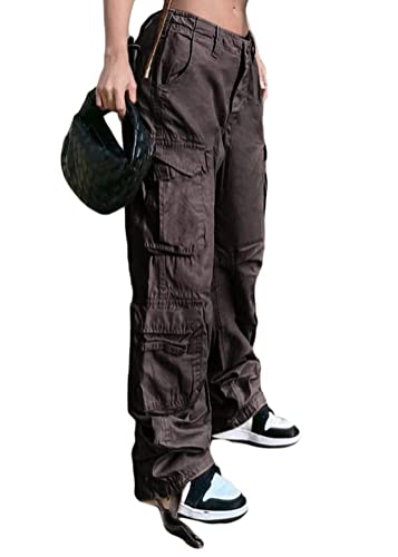 seiveini Damen Cargohose Lange Hosen Baggy Multi Taschen Vintage Gerade Hosen Weite Bein Track Pants Einfarbig Jogginghose mit Gürtel Lose Hip Hop Hosen Low Taille B Dunkelgrau L von seiveini