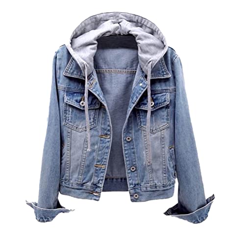 seiveini Damen Denim Jacket mit Kapuzen Herbst Winter Jeansjacke Kurz Stretch Jacke Dünner Mantel Übergangsjacke Leichte Jeans Jacket Outwear A Blau L von seiveini