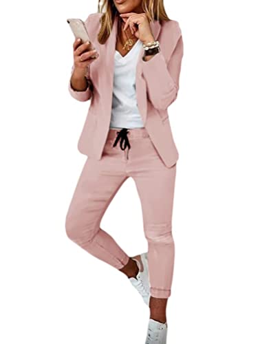 seiveini Damen Elegant Business Anzug Set Hosenanzug Damen Blazer Hose 2-teilig Anzug Karo Kariert Zweiteiler Slimfit Streetwear Sportlich Anzug Outfit Anzugjacke und Hosen Lang A Rosa XL von seiveini