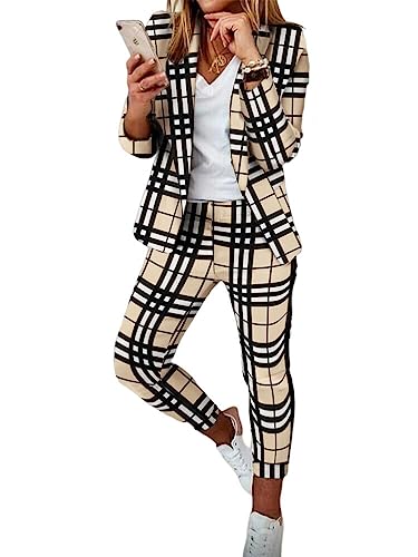 seiveini Damen Elegant Business Anzug Set Hosenanzug Damen Blazer Hose 2-teilig Anzug Karo Kariert Zweiteiler Slimfit Streetwear Sportlich Anzug Outfit Anzugjacke und Hosen Lang B Gelb XL von seiveini