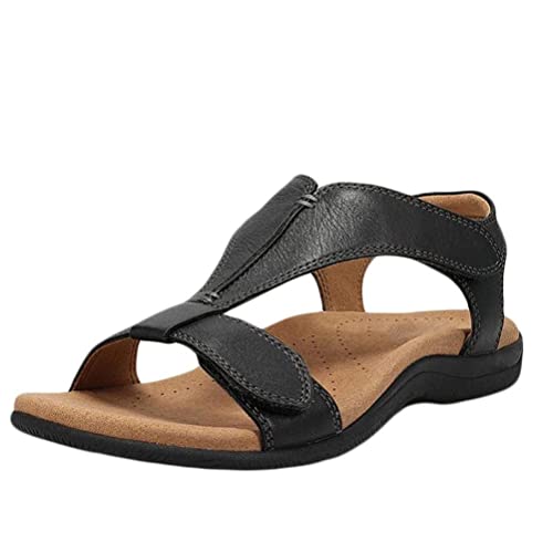 seiveini Damen Flache Strandsandalen Sommer mit Weiche Fußbett Klettverschluss Sandalen Vintage Leicht Freizeit Schuhe Frauen Sandalen Casual Sandalette Bequeme Chic A Schwarz 41 EU von seiveini