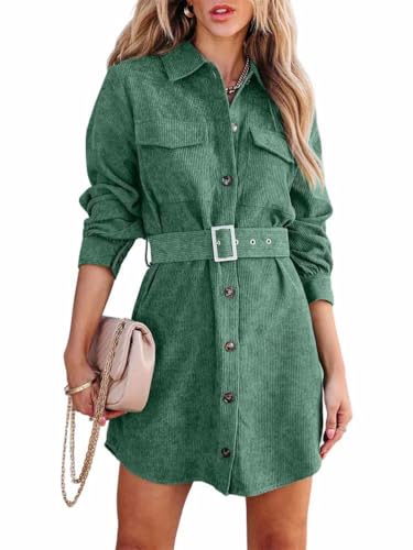 seiveini Damen Hemdkleid Elegant Blusenkleid Lange Ärmel Tunika Kleider Einfarbig Cordkleid mit Knöpfen Hemdenkleid Freizeitkleid Shirtkleid Longbluse V-Ausschnitt Frühling und Herbst A Grün S von seiveini