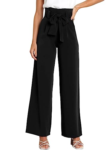 seiveini Damen Hose Elegant Anzughose Elegant Hohe Taille Freizeithose Lose Palazzo Hose mit Gürtel Weite Bein Hose mit Gummizug Arbeitshose Lang Stoffhose Schlupfhose Wide Leg Hosen A Schwarz S von seiveini