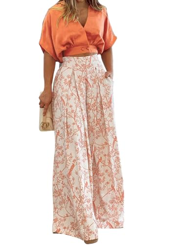 seiveini Damen Hosenanzug Kurzarm Sommer Zweiteilige Freizeitanzug Rundhals Elastischer Loose Anzüge Elegante Set Zweiteiler Leisure Hose und Top D Orange XXL von seiveini