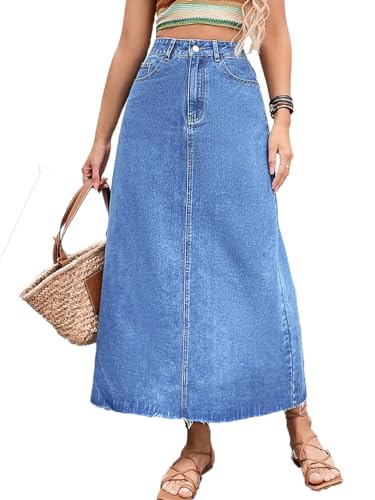 seiveini Jeans Rock Damen Knielang mit Knöpfe Schlitz Röcke Stretch Hohe Taille Sommerrock Freizeitrock I Blau S von seiveini