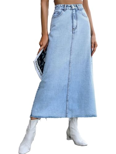 seiveini Rock Damen Lang Jeansrock mit Schlitz Vorne Jeans Röcke Knielang Hüftenrock Denim Partyrock I Hellblau S von seiveini