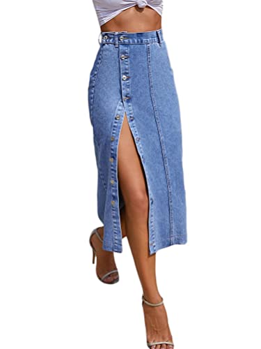seiveini Jeansrock Damen Lang Jeans Rock mit Knopfdekor Seitenschlitz Denim Röcke mit Schlitz Midirock Elegant Bleistiftrock A Blau XS von seiveini