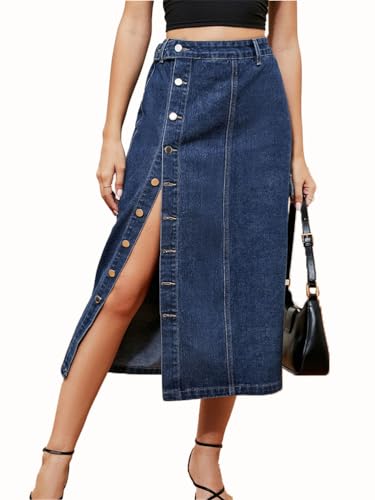 seiveini Jeans Rock Damen Knielang mit Knöpfe Schlitz Röcke Stretch Hohe Taille Sommerrock Freizeitrock J Dunkelblau XXL von seiveini