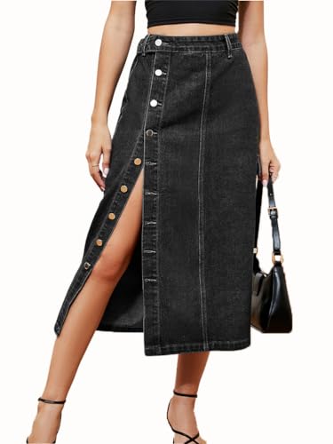 seiveini Rock Damen Lang Jeansrock mit Schlitz Vorne Jeans Röcke Knielang Hüftenrock Denim Partyrock J Schwarz XL von seiveini