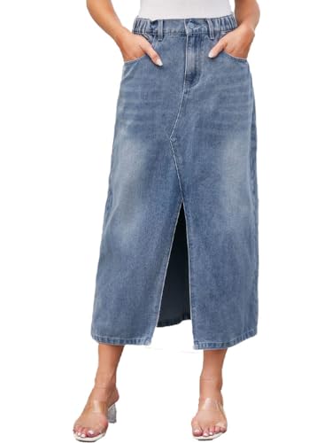seiveini Rock Damen Lang Jeansrock mit Schlitz Vorne Jeans Röcke Knielang Hüftenrock Denim Partyrock K Hellblau L von seiveini