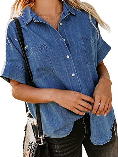 seiveini Damen Jeanshemd Kurzarm Sommer Denim Shirt Button Down mit Brusttaschen Jeansbluse Loose Tops Bluse mit Knöpfen Jeansblusen Boyfriend A Dunkelblau L von seiveini