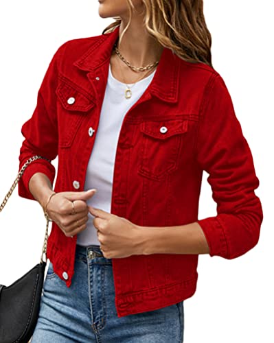 seiveini Damen Jeansjacke Oversized Langarm Jeans Denim Jacke Kurz Vintage Denim Shirt Destroyed Mantel Parka Boyfriend Shirt Waschungseffekt B Rot L von seiveini