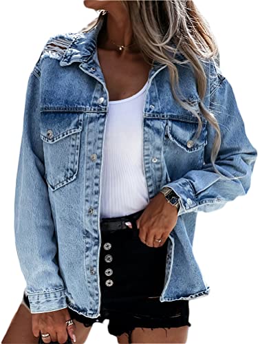 seiveini Damen Jeansjacke Übergangsjacke Leichte Herbst und Winter Denim Jacke Waschungseffekt Langarm Revers Destroyed Denim Shirt Casual F Blau XL von seiveini