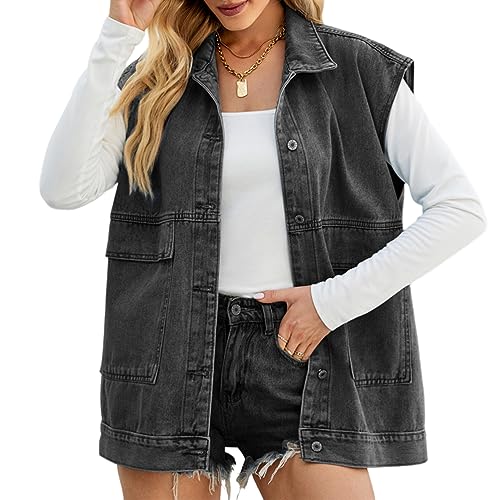 seiveini Damen Jeansweste Jeansjacke Ärmelloses Knopf Denim Weste mit Taschen Übergangsjacke Button Down Denim Jacked Elegant Retro Jacke Mantel Ärmellos Herbst Frühling A Dunkelgrau XS von seiveini