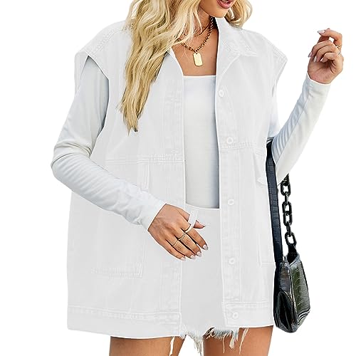 seiveini Damen Jeansweste Jeansjacke Ärmelloses Knopf Denim Weste mit Taschen Übergangsjacke Button Down Denim Jacked Elegant Retro Jacke Mantel Ärmellos Herbst Frühling A Weiß L von seiveini