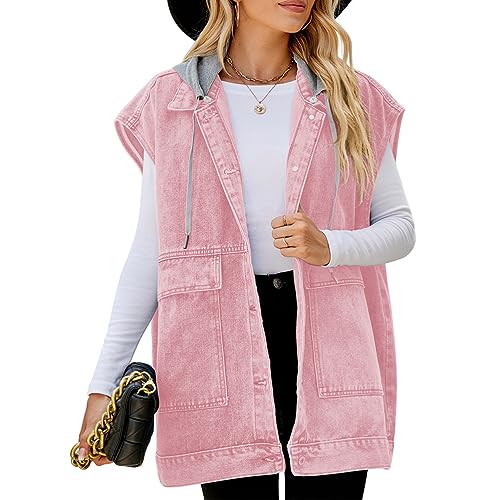 seiveini Damen Jeansweste Jeansjacke Ärmelloses Knopf Denim Weste mit Taschen Übergangsjacke Button Down Denim Jacked Elegant Retro Jacke Mantel Ärmellos Herbst Frühling B Rosa XL von seiveini