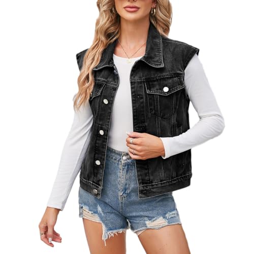 seiveini Damen Jeansweste Jeansjacke Ärmelloses Knopf Denim Weste mit Taschen Übergangsjacke Button Down Denim Jacked Elegant Retro Jacke Mantel Ärmellos Herbst Frühling E Schwarz S von seiveini