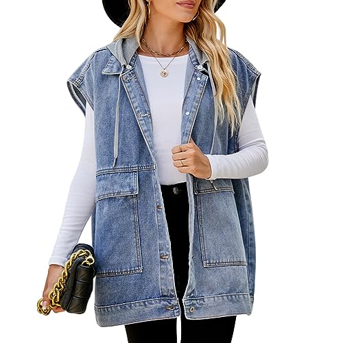 seiveini Damen Jeansweste mit Kapuze Oversized Boyfriend Denim Jeans Weste Locker Ärmellos Jeansjacke Vintage mit Taschen Hoodie Jacke Mantel mit Knopf Outwear Frühling Herbst B Blau S von seiveini