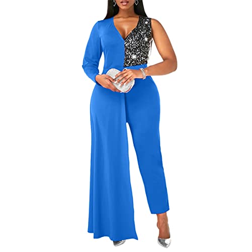 seiveini Damen Jumpsuit Elegant Langarm mit Pailletten Overall V-Ausschnitt Playsuit Blazer Set Hosenanzug Einfarbig Onesie Hohe Taille Ganzkörperanzug A Blau M von seiveini