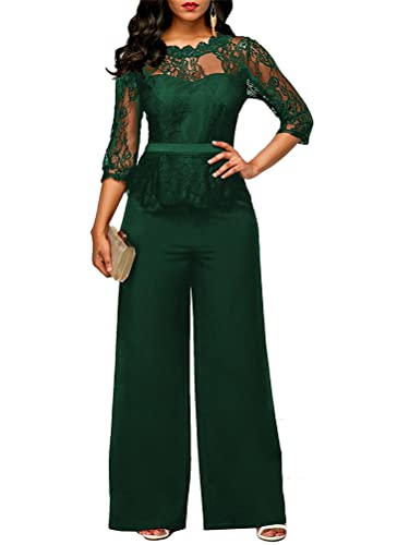 seiveini Damen Jumpsuit Elegant Overall mit Spitze Langarm Arbeitskleidung Spitzen Playsuit Hosenanzug Einfarbig Onesie Hohe Taille Hose Lang Ganzkörperanzug Chic Grün L von seiveini