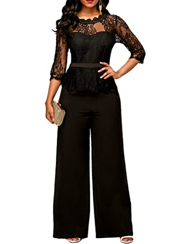 seiveini Damen Jumpsuit Elegant Overall mit Spitze Langarm Arbeitskleidung Spitzen Playsuit Hosenanzug Einfarbig Onesie Hohe Taille Hose Lang Ganzkörperanzug Chic Schwarz S von seiveini