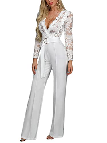 seiveini Damen Jumpsuit Elegant V-Ausschnitt Overall mit Spitze Langarm Arbeitskleidung Spitzen Playsuit Hosenanzug Einfarbig Onesie Hohe Taille Hose Lang Ganzkörperanzug Chic Weiß M von seiveini