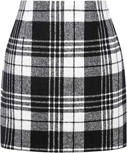 seiveini Damen Kariert Röcke Elegant Büro Rock Bleistift Figurbetont Minirock mit Plaid A Linie Wickelrock Hohe Taille Herbst Winter Bodycon Rock Vintage A Schwarz L von seiveini