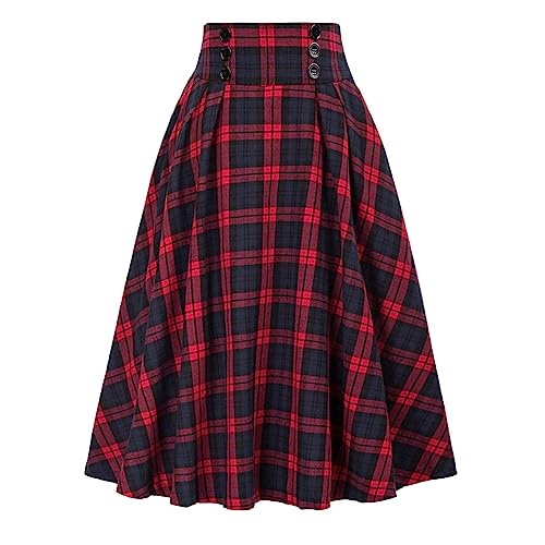 seiveini Damen Kariert Röcke Lang Rock mit Hohe Taille Maxirock Plaid Rock A-Linie Ausgestellter Rock Lange Plissee Taille Elastisch Winterrock Herbstrock Freizeitrock Arbeitsrock A Rot XXL von seiveini