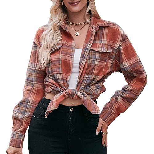 seiveini Damen Karierte Bluse Lange Ärmel Hemdbluse Button-down Damen V-Ausschnitt Kariert Bluse Karo Shirt Langarm Hemd Elegant Frauen Shirt Hemdbluse Damenbluse Blusenshirt A Orange M von seiveini