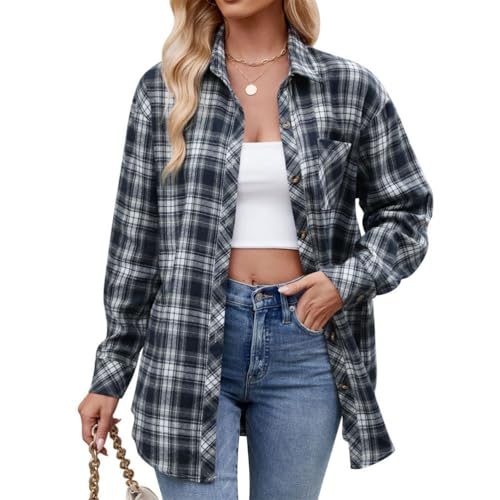 seiveini Damen Kariertes Hemd Klassisch Karohemd Langarm Knopfleiste Hemd Bluse Casual Weich Plaid Shirt Klassis Karierte Hemd Damen Langarmshirt mit Knöpfe Vintage B Marine XL von seiveini