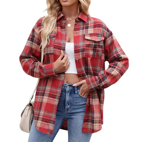 seiveini Damen Kariertes Hemd Klassisch Karohemd Langarm Knopfleiste Hemd Bluse Casual Weich Plaid Shirt Klassis Karierte Hemd Damen Langarmshirt mit Knöpfe Vintage C Weinrot L von seiveini