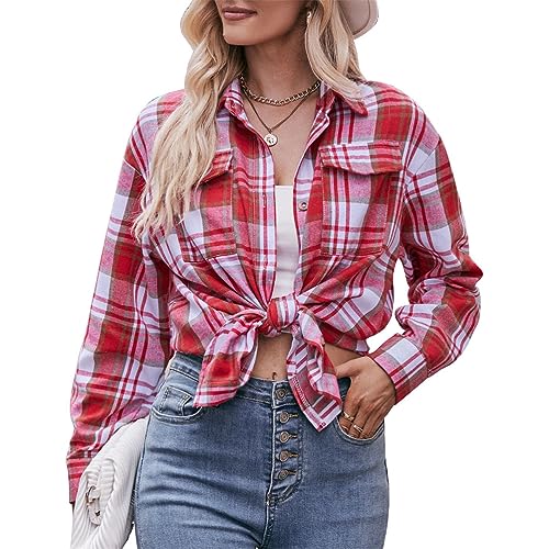 seiveini Damen Kariertes Hemd mit Knopfleiste Langarm Oktoberfest Bluse Karo Hemd Tunika Tops Casual Oberteile Damen Karierte Blusen Langarmhemd Karierte Bluse Plaid Shirt A Rot M von seiveini
