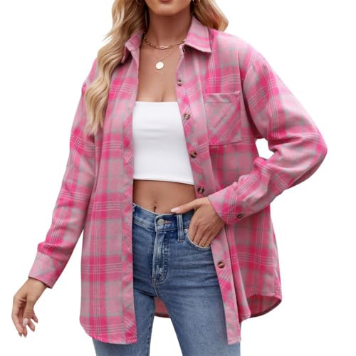seiveini Damen Kariertes Hemd mit Knopfleiste Langarm Oktoberfest Bluse Karo Hemd Tunika Tops Casual Oberteile Damen Karierte Blusen Langarmhemd Karierte Bluse Plaid Shirt B Rose Rot L von seiveini